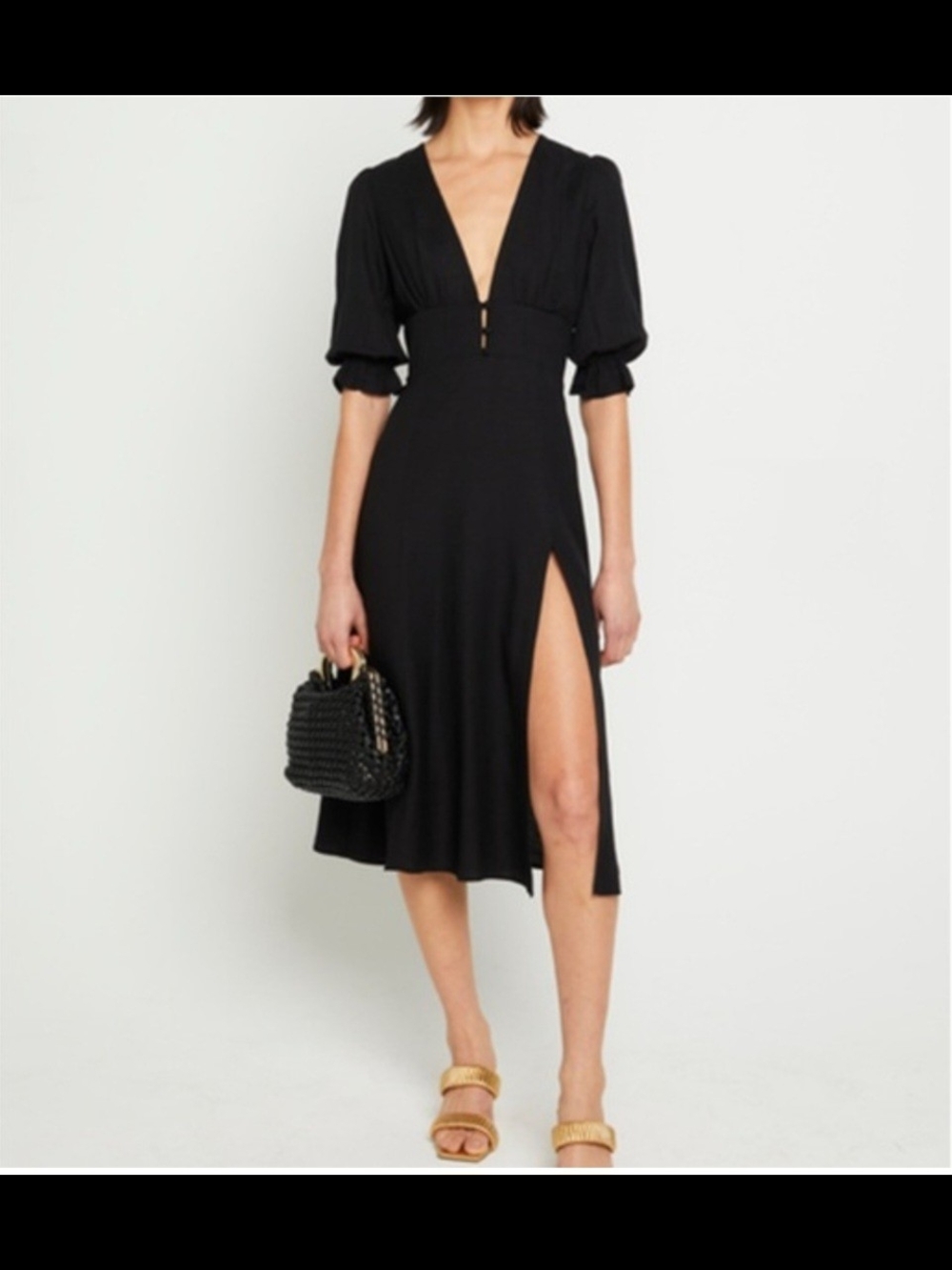 Plunge Neck Black Midi Dress with High Side Slit